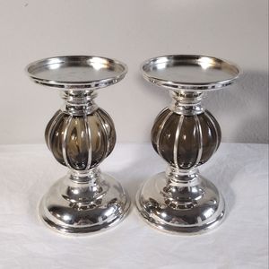 Vintage Silver Plated and Glass Candle Holders Pair 6"